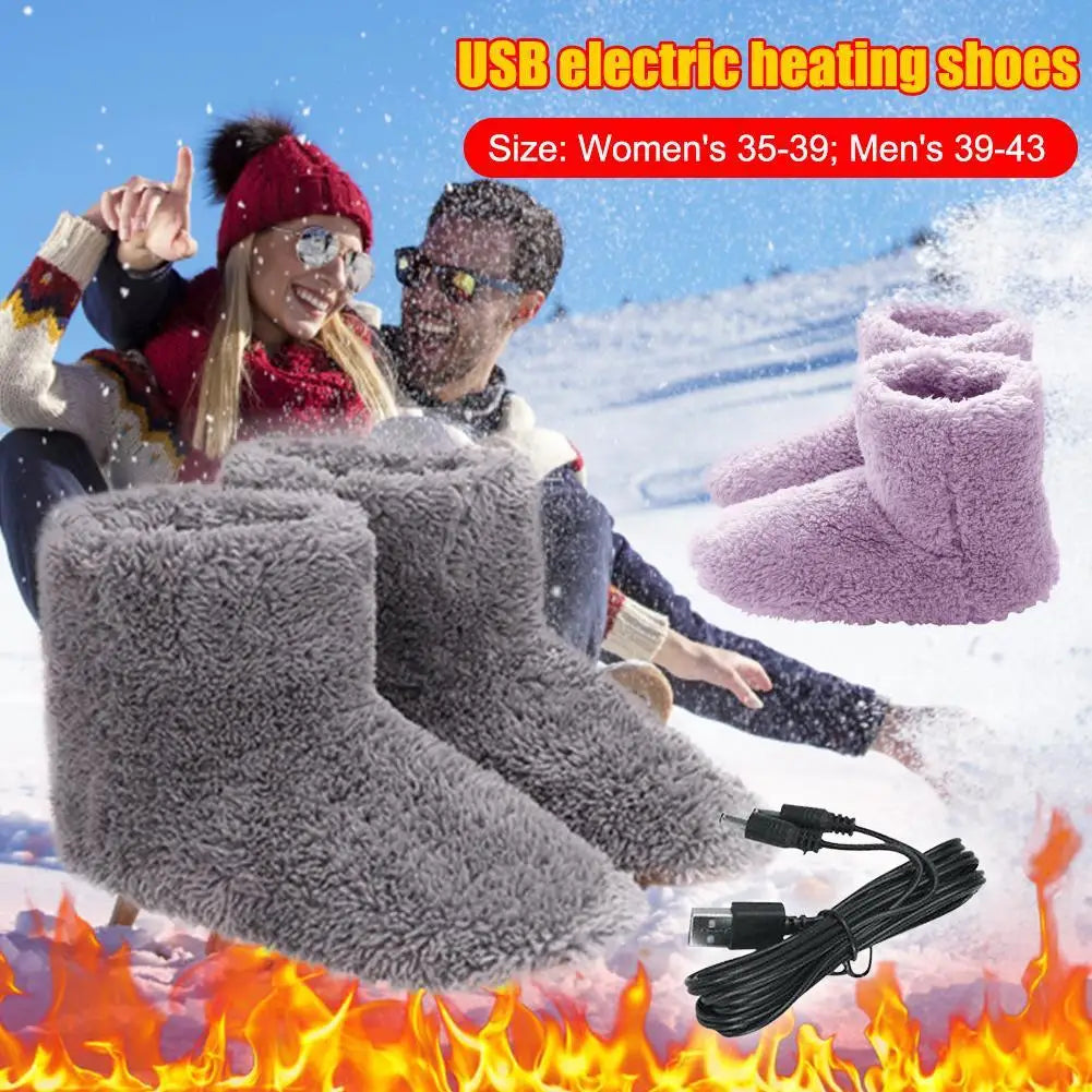 Grijs unisex USB-oplaadbare verwarmde huisschoenen voor dames en heren, perfect tegen koude voeten in de winter.