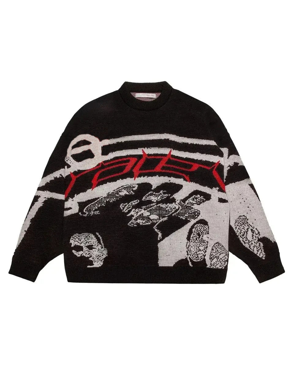 Close-up van de unieke print op deze oversized dames trui, gedetailleerd en trendy design.
