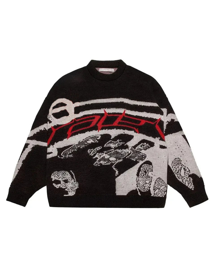 Close-up van de unieke print op deze oversized dames trui, gedetailleerd en trendy design.