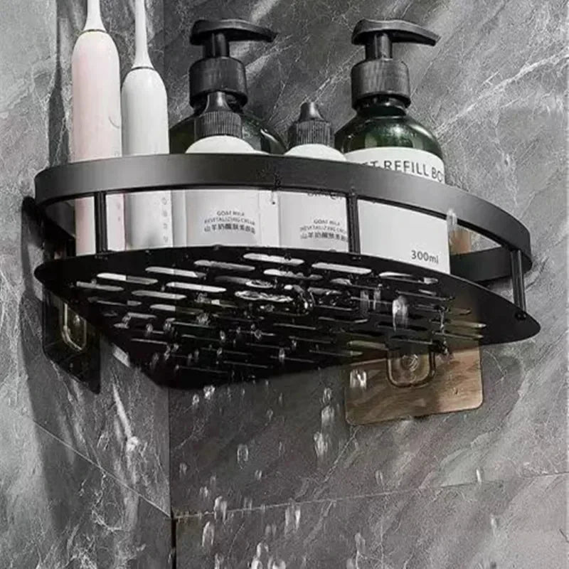 Praktisch aluminium doucherek voor hoekmontage, zonder boren. Houdt badkamerbenodigdheden georganiseerd.
