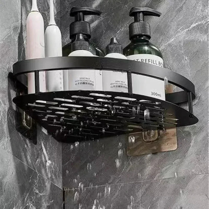Praktisch aluminium doucherek voor hoekmontage, zonder boren. Houdt badkamerbenodigdheden georganiseerd.