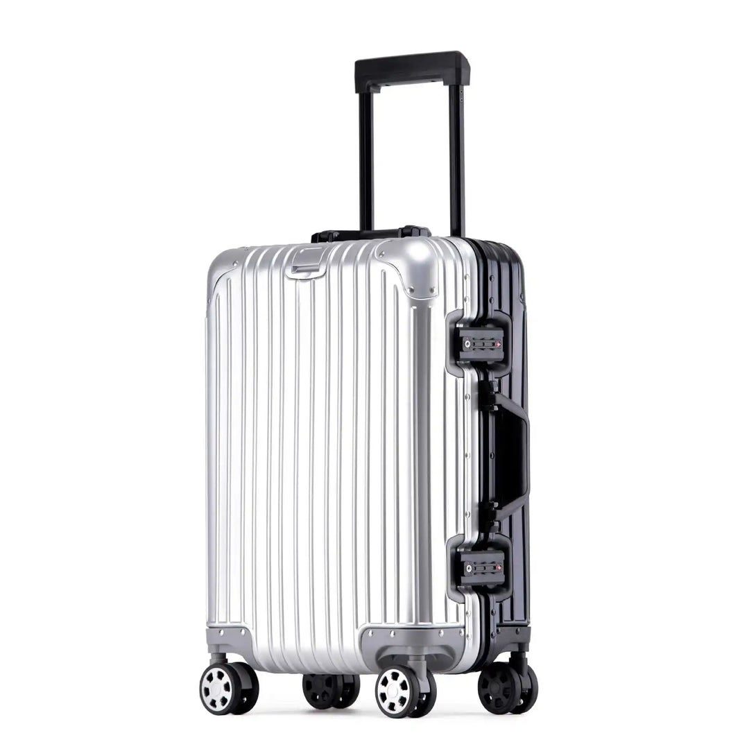 Stijlvolle Tirana aluminium-magnesium koffer met soepele 360° spinnerwielen voor moeiteloos reizen.