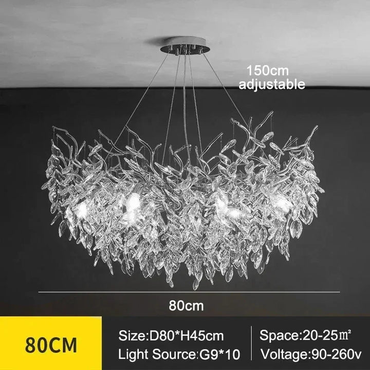 Zilveren Aurelia kroonluchter, bladontwerp, LED compatibel. Moderne plafondlamp.