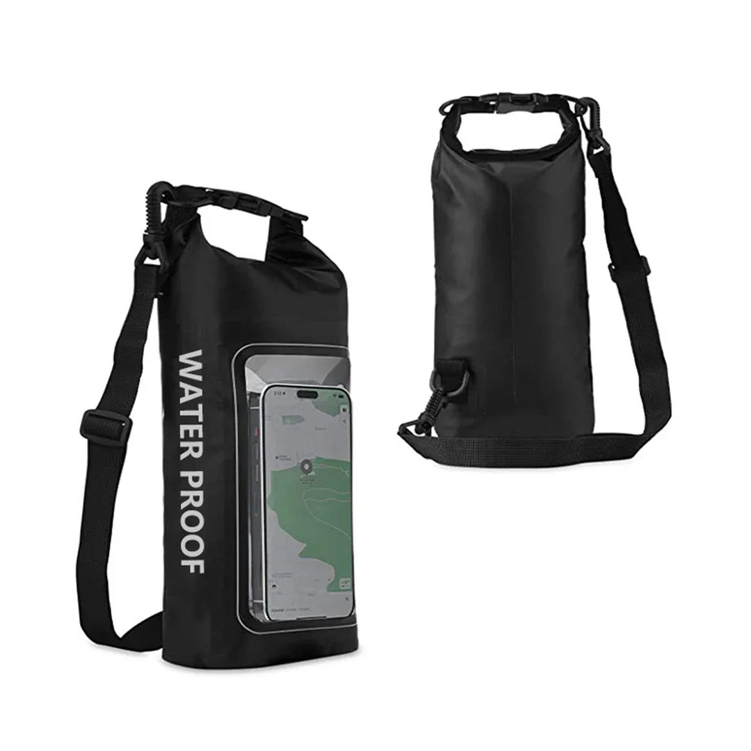 Waterdichte telefoonhoes en dry bag 2L, met touchscreen venster voor makkelijke bediening.