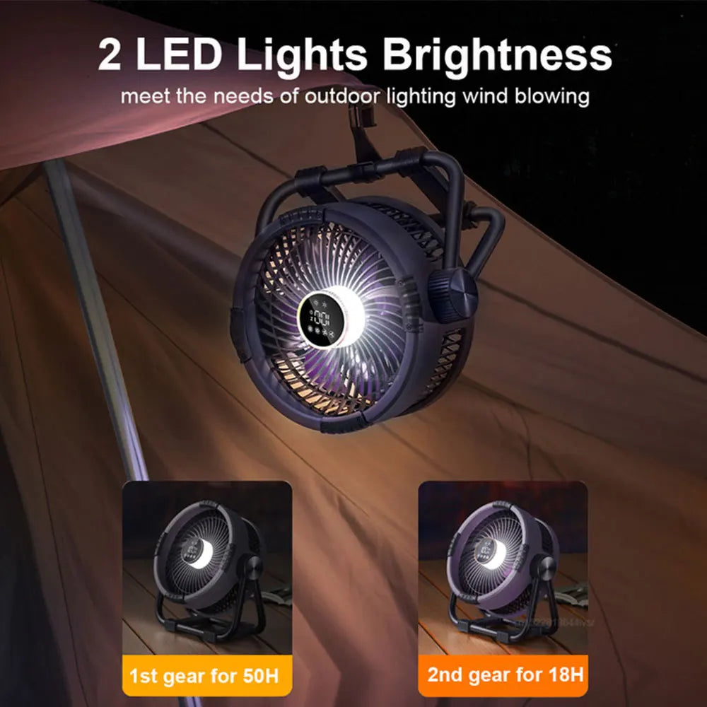 Draadloze campingventilator voor kamperen, met LED noodverlichting en afstandsbediening, perfect voor outdoor.