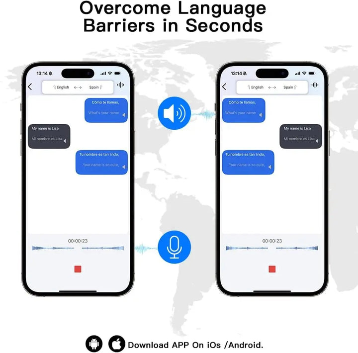 De complete Lexora set: vertaal-oordopjes, touchscreen case, oplaadkabel en diverse oordopjes.