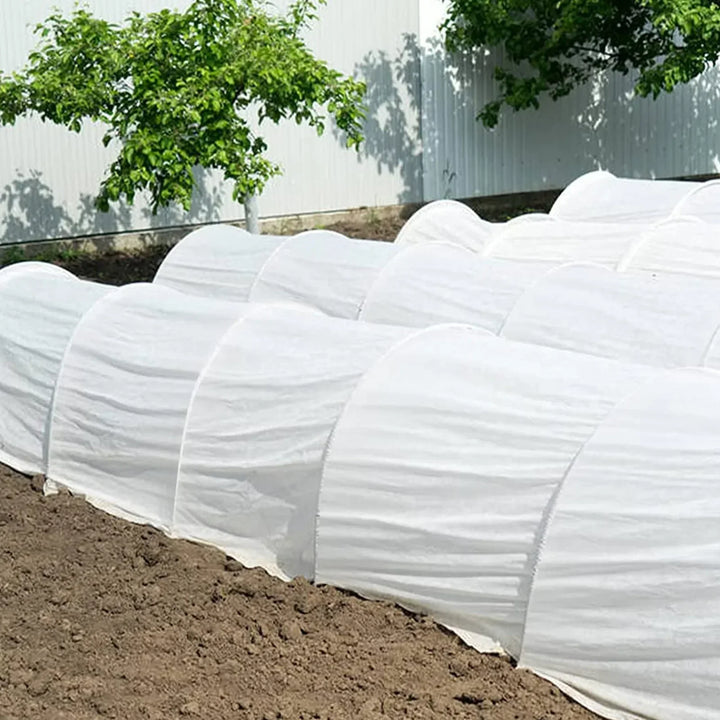 FlexGrow plantentunnel met glasvezelboog beschermt moestuin in verhoogd bed, voor vroege teelt en robuuste planten.