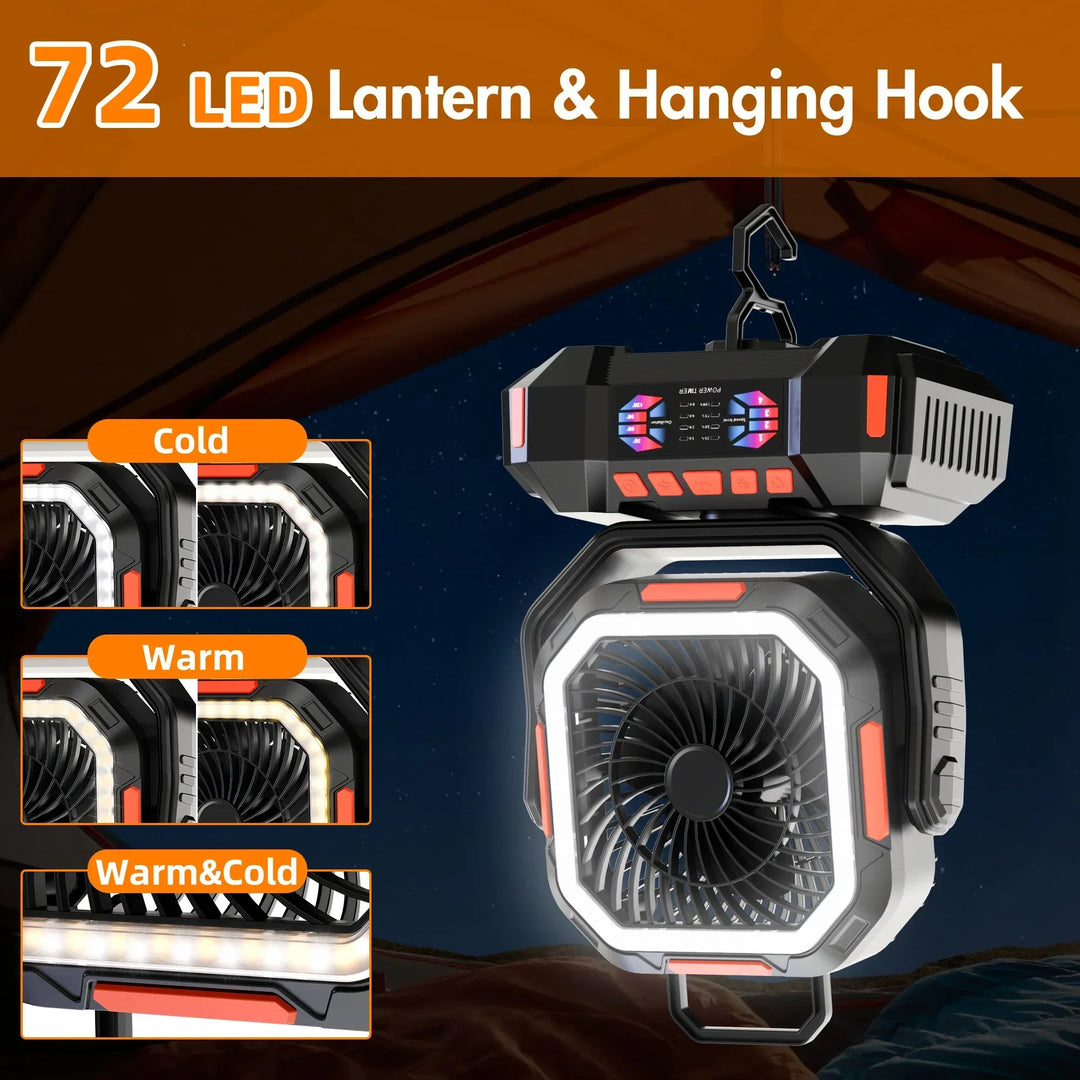 LED-lantaarn functie van de F22 campingventilator, biedt heldere verlichting voor avondlijke activiteiten buiten.