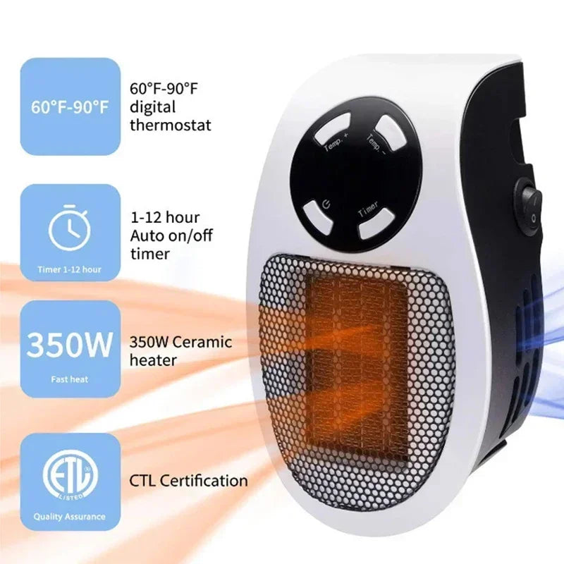 Afbeelding van compacte wandverwarming met helder LED display, afstandsbediening en draaibare stekker.