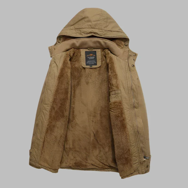 Duurzame ArcticShield heren winterjas, waterdicht, met bontkraag, beschikbaar in khaki, legergroen en zwart.