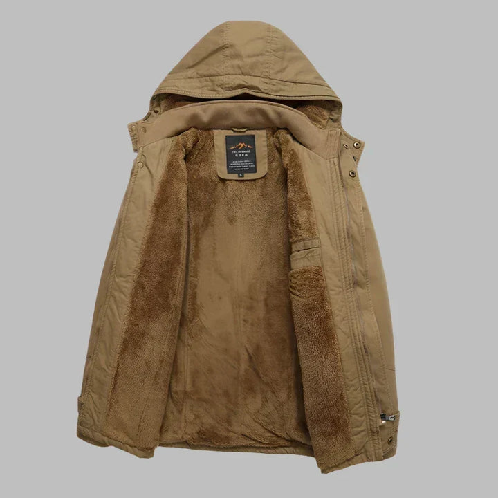 Duurzame ArcticShield heren winterjas, waterdicht, met bontkraag, beschikbaar in khaki, legergroen en zwart.
