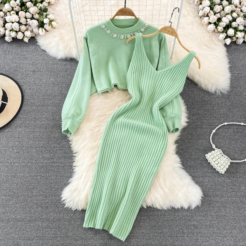 Elegante 2-delige dames comfy set, stijlvolle trui met pofmouwen & bodycon jurk.