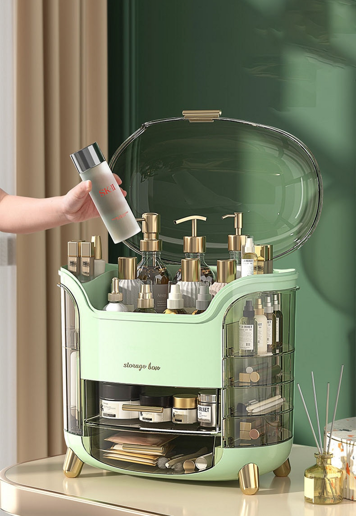 Witte opberger voor beautyproducten, garandeert een stofvrije en perfect geordende collectie.