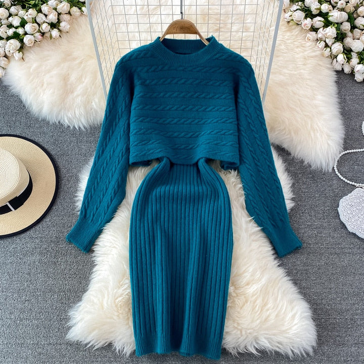 Groene trendy 2-delige dames set, met comfortabele trui en bodycon jurk.