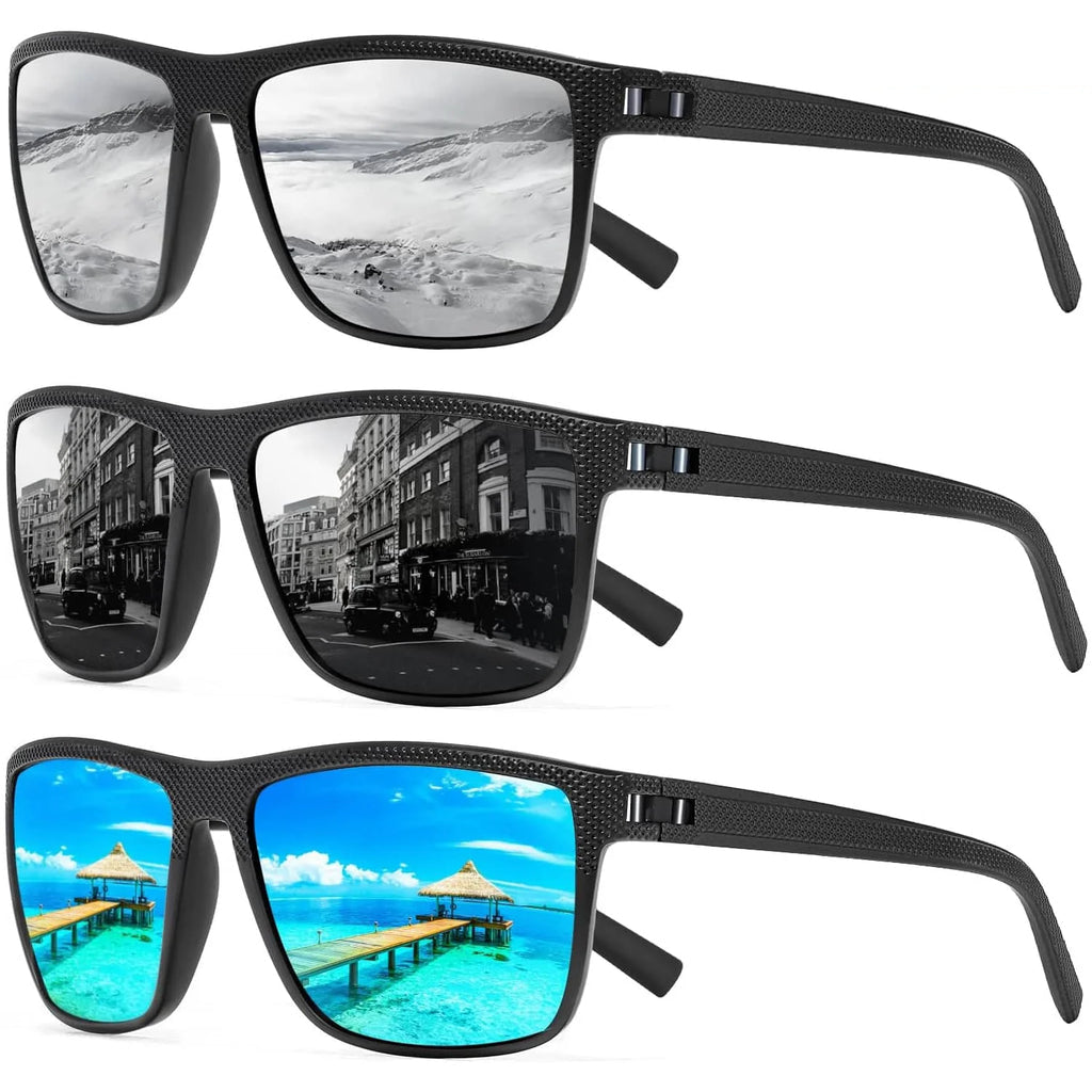Geniet van kristalhelder zicht met deze set van 3 gepolariseerde zonnebrillen, perfect voor zon en buiten. UV400.
