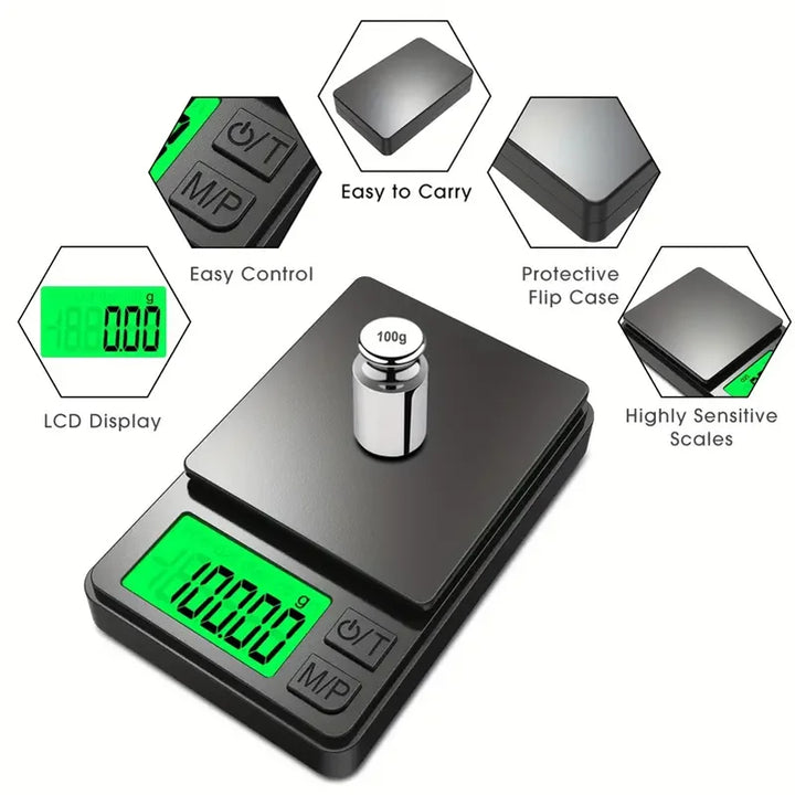 Zwarte, compacte digitale weegschaal; perfect voor het nauwkeurig wegen van medicatie, voedsel en kleine pakketjes.