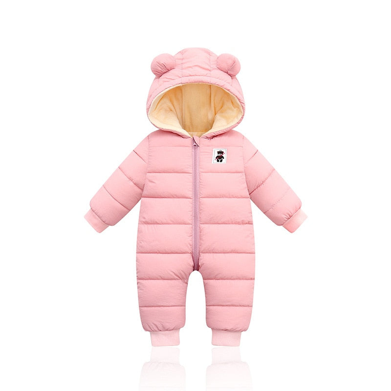 Lange mouw baby winterromper met capuchon en oortjes, praktische kinderkleding.