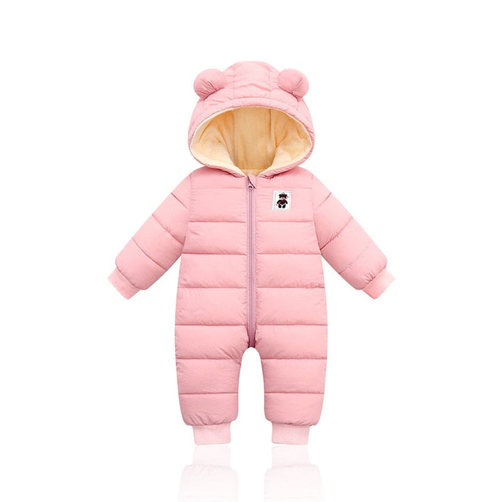 Lange mouw baby winterromper met capuchon en oortjes, praktische kinderkleding.