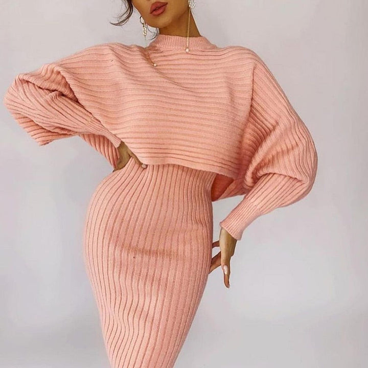 Veelzijdige dames outfit set, makkelijk te stylen trui met pofmouwen en bodycon jurk.