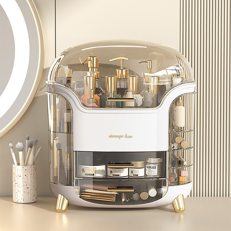 Witte luxe make-up organizer, ideaal voor een stijlvolle en geordende kaptafel of badkamer.