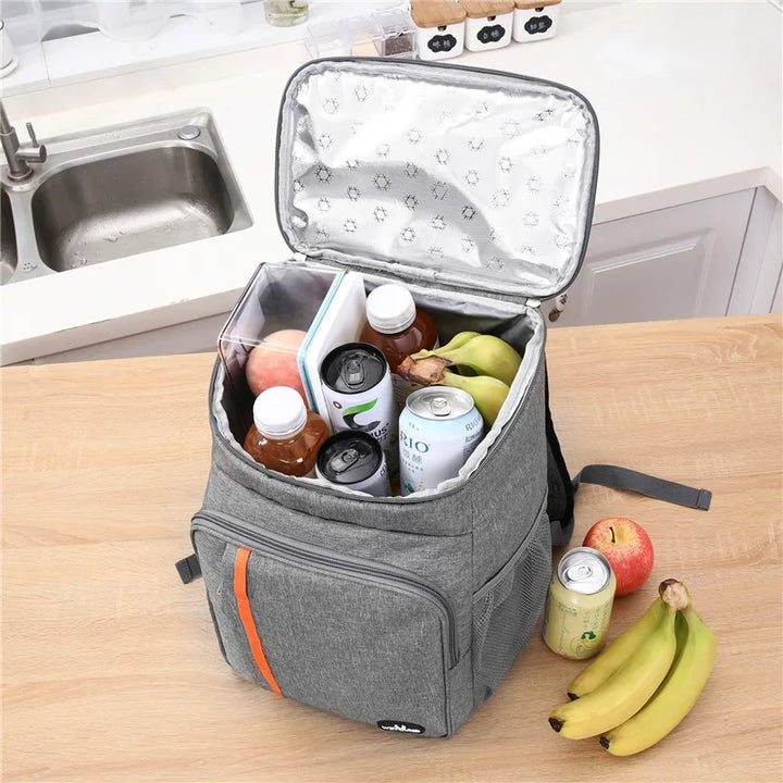 Ruime 18L thermische lunchtas (zwart) met waterdichte voering, ideaal voor diverse maaltijden en flessen.