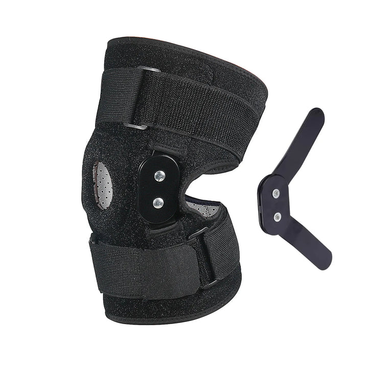 Detail van de scharnierende kniebrace, ontworpen voor stabiele knie ondersteuning en bewegingsvrijheid tijdens herstel.