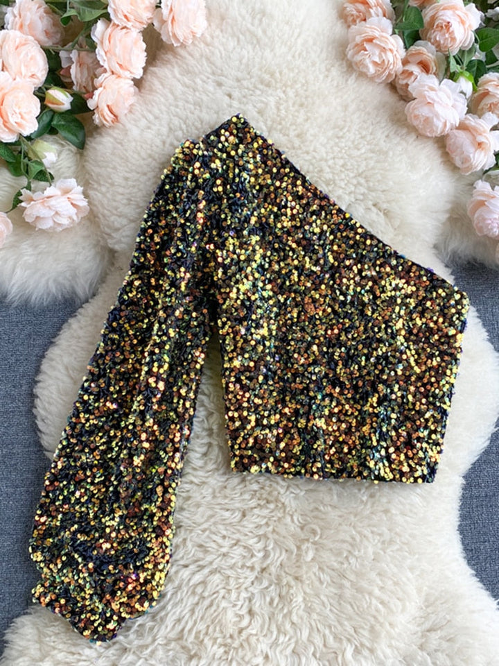 Trendy dames glitter top met one-shoulder design, een must-have voor avond- en feestkleding.