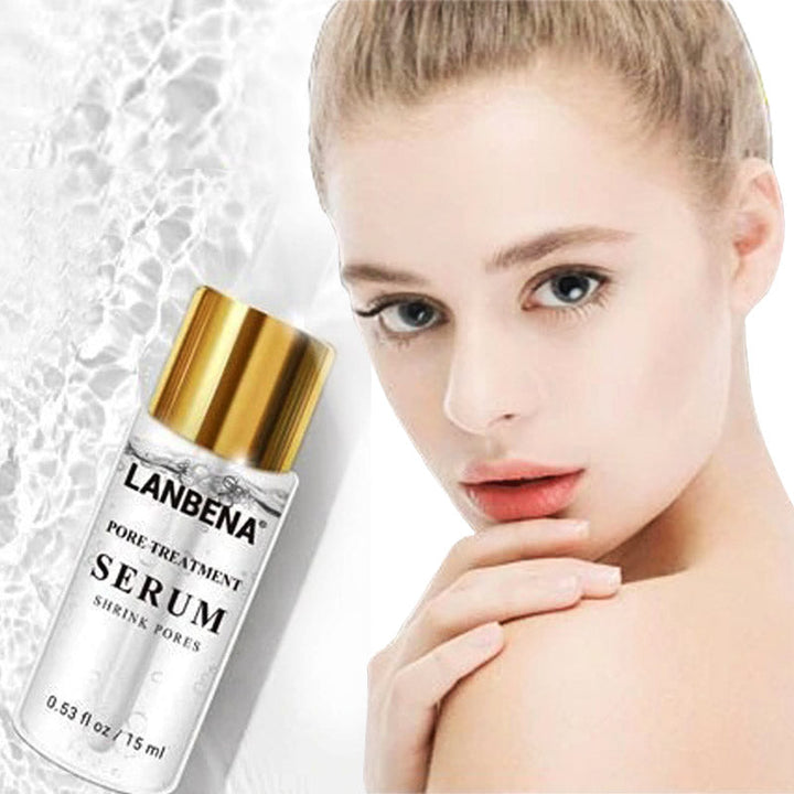 Elegante fles van poriën verfijnend serum, dé oplossing voor een mooie, egale gezichtshuid zonder onzuiverheden.