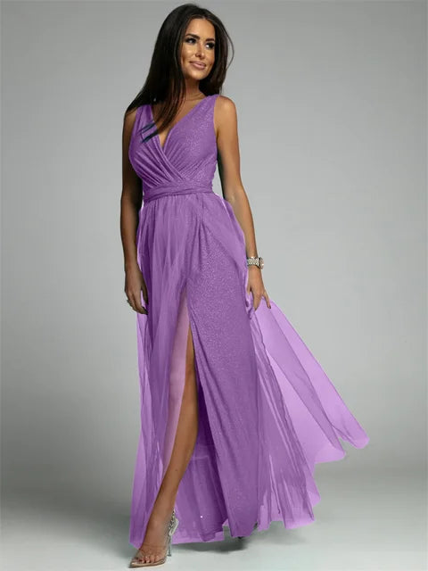 Stijlvolle mouwloze V-hals damesjurk, elegante avondkleding, perfect voor zomerse feesten.