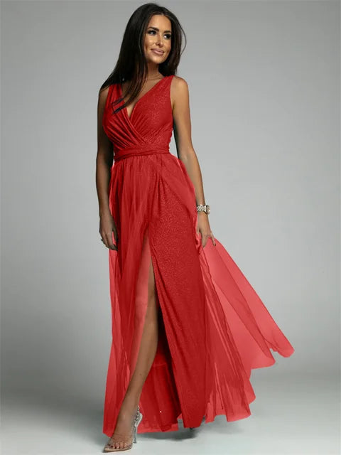 Mouwloze V-hals cocktailjurk met split, elegante avondkleding voor chique dames.