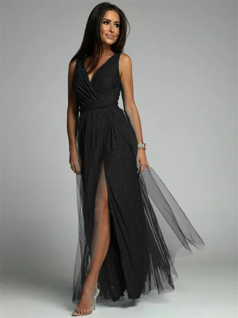 Glamoureuze V-hals feestjurk, mouwloos, chique avondkleding met split voor dames.