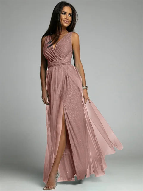 Elegante V-hals jurk voor dames, mouwloos model, flatterend voor feesten en speciale gelegenheden.