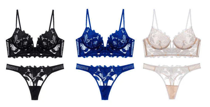 Chique dames ondergoed: Franse kanten bralette en bijpassende slip. Sexy diep V-hals design, perfecte kantenset.
