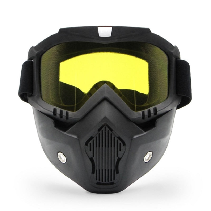 Innovatieve sportbril met geïntegreerd mondfilter, wind- en UV-bestendig.