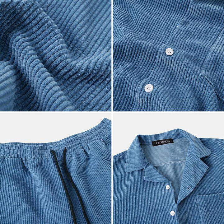 Moderne heren zomer set met geribd poloshirt en korte broek. Sportief en comfortabel voor elke man.