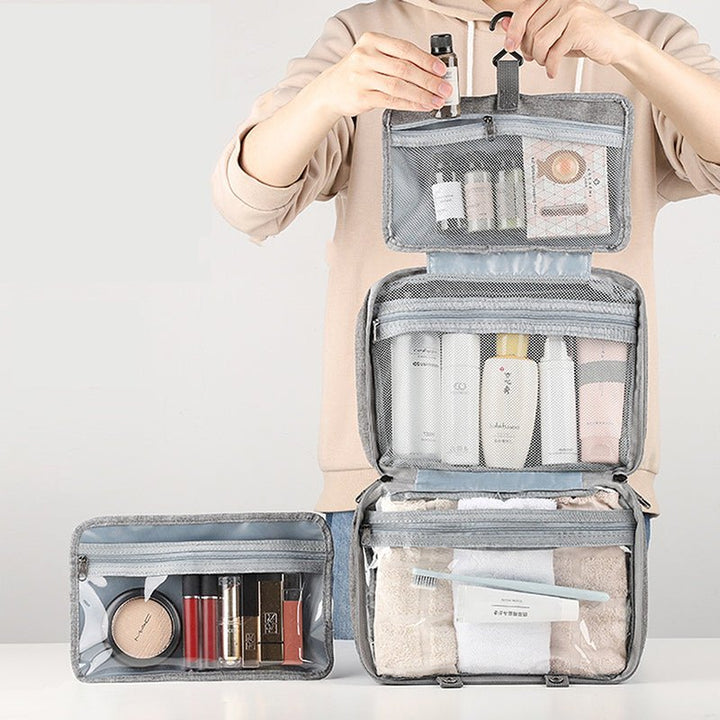 Toiletzak voor reizen: compacte cosmetica organizer met 4 handige compartimenten.