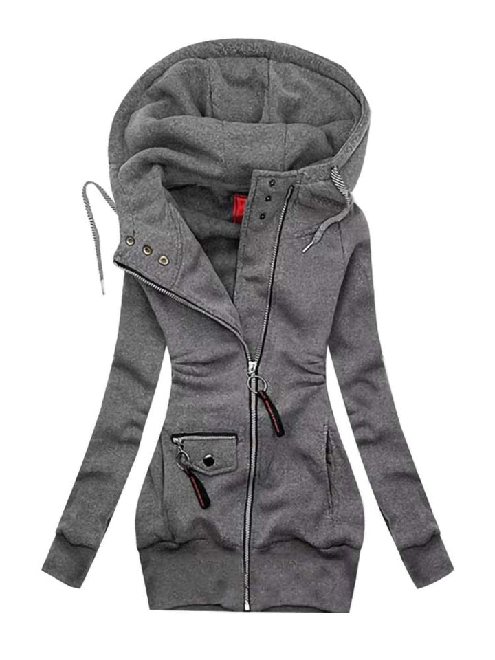 Comfortabele dames hoodie met capuchon en trekkoord. Praktische rits jas met lange mouwen voor dagelijks gebruik.