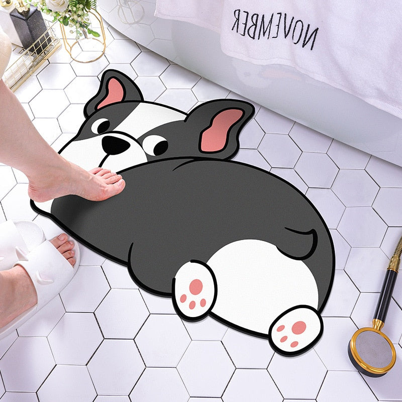 Antislip badmat met vrolijk hondendessin, zacht textiel voor comfort en badkamer decoratie. Sneldrogend.