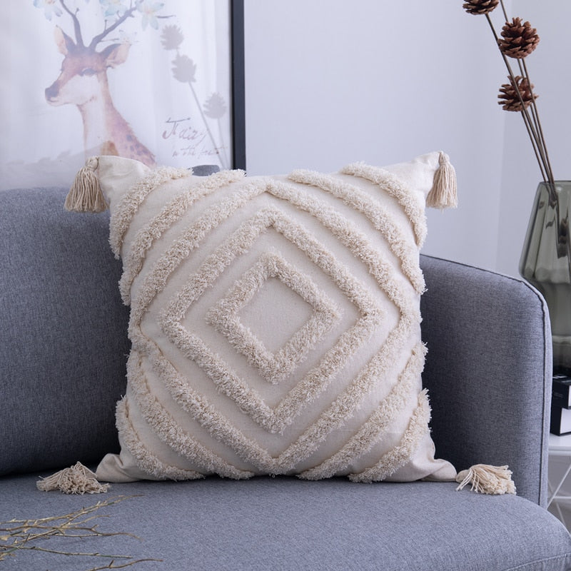 Moderne boho bankkussenhoes met textuur, verfraait elke woonkamer en zorgt voor een gezellige sfeer.