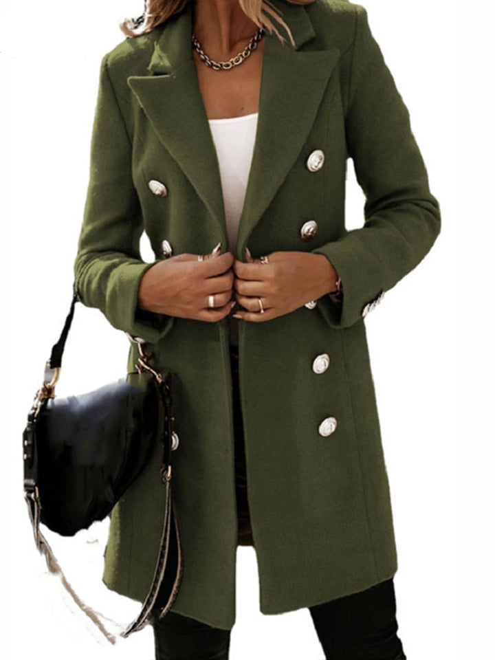 Elegante dames overgangsjas, lange trenchcoat met ceintuur en dubbele knopenrij.