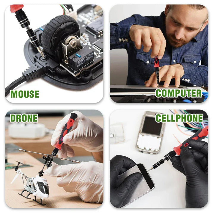 Gedetailleerd overzicht van de 115 precisie bits en accessoires uit de ProFix schroevendraaierset.