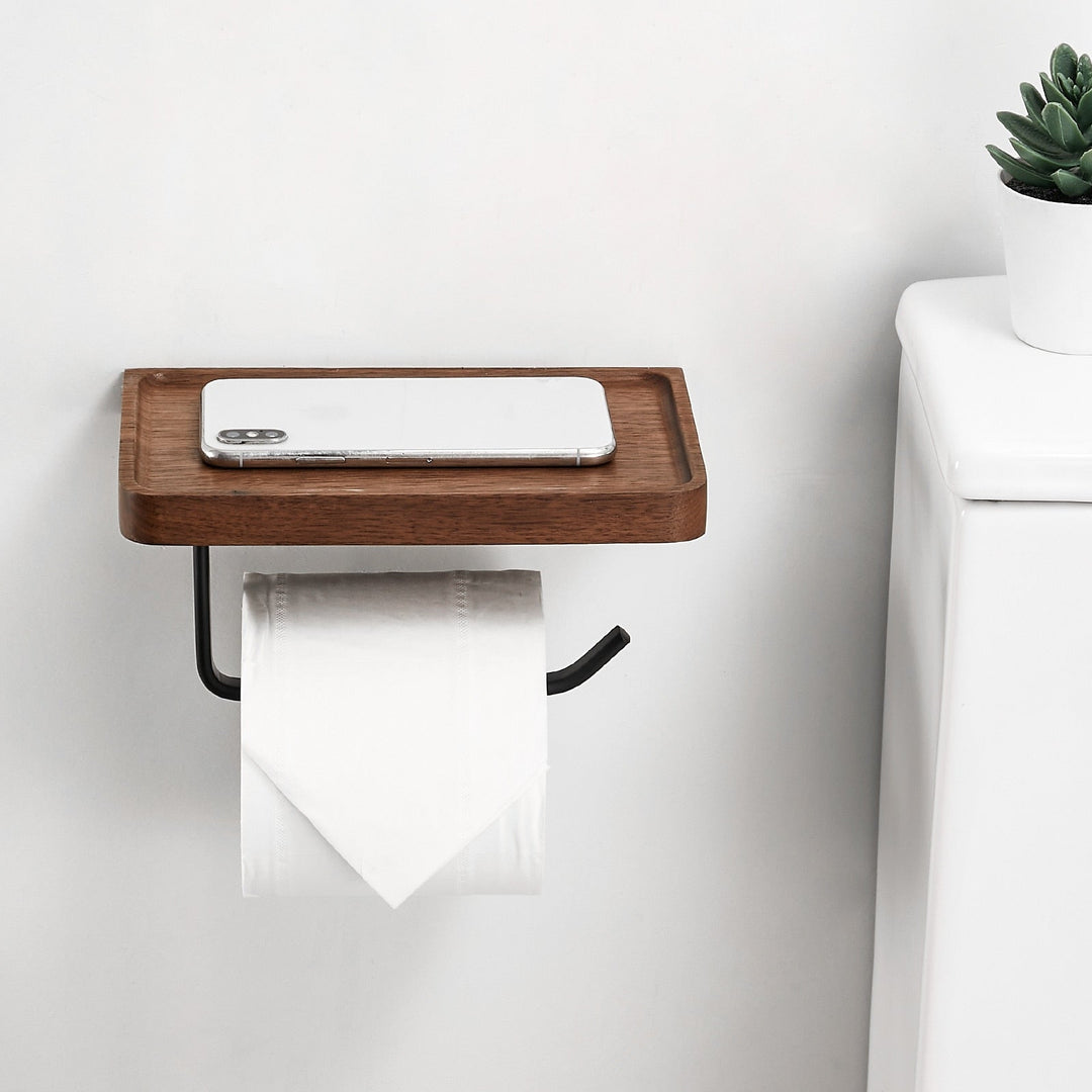 Trendy design houten wc rolhouder met handige telefoonplank, voor een hygiënische en opgeruimde badkamer.