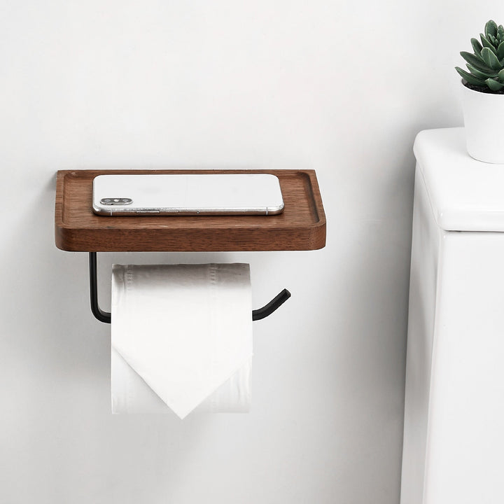 Praktische houten toiletrolhouder met opbergruimte voor telefoon, ideaal badkamer accessoire voor uw interieur.