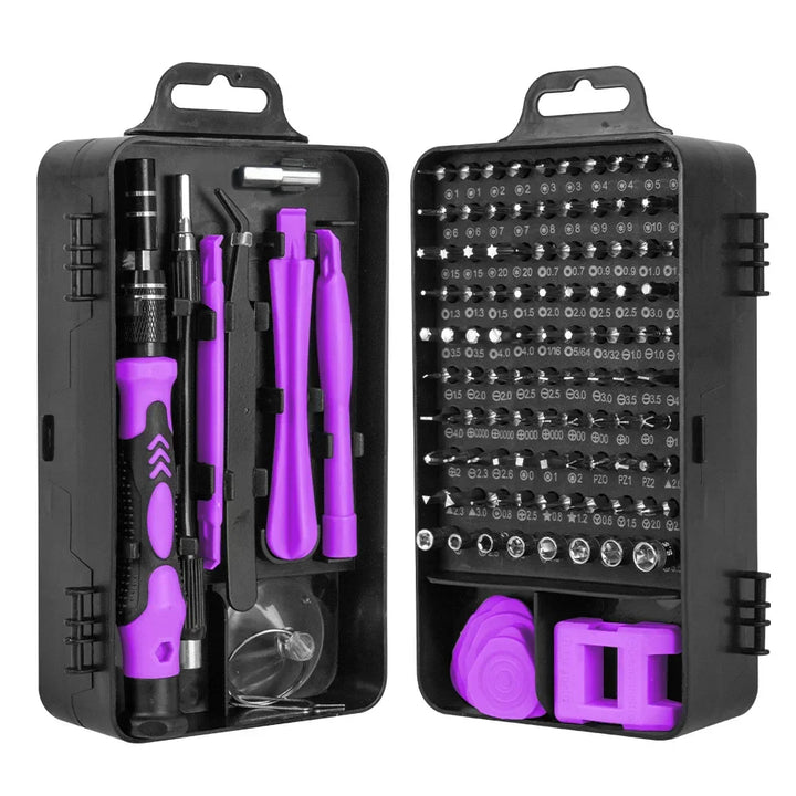 Compacte en georganiseerde 115-in-1 precisie schroevendraaierset, perfect voor onderweg en thuisreparaties.