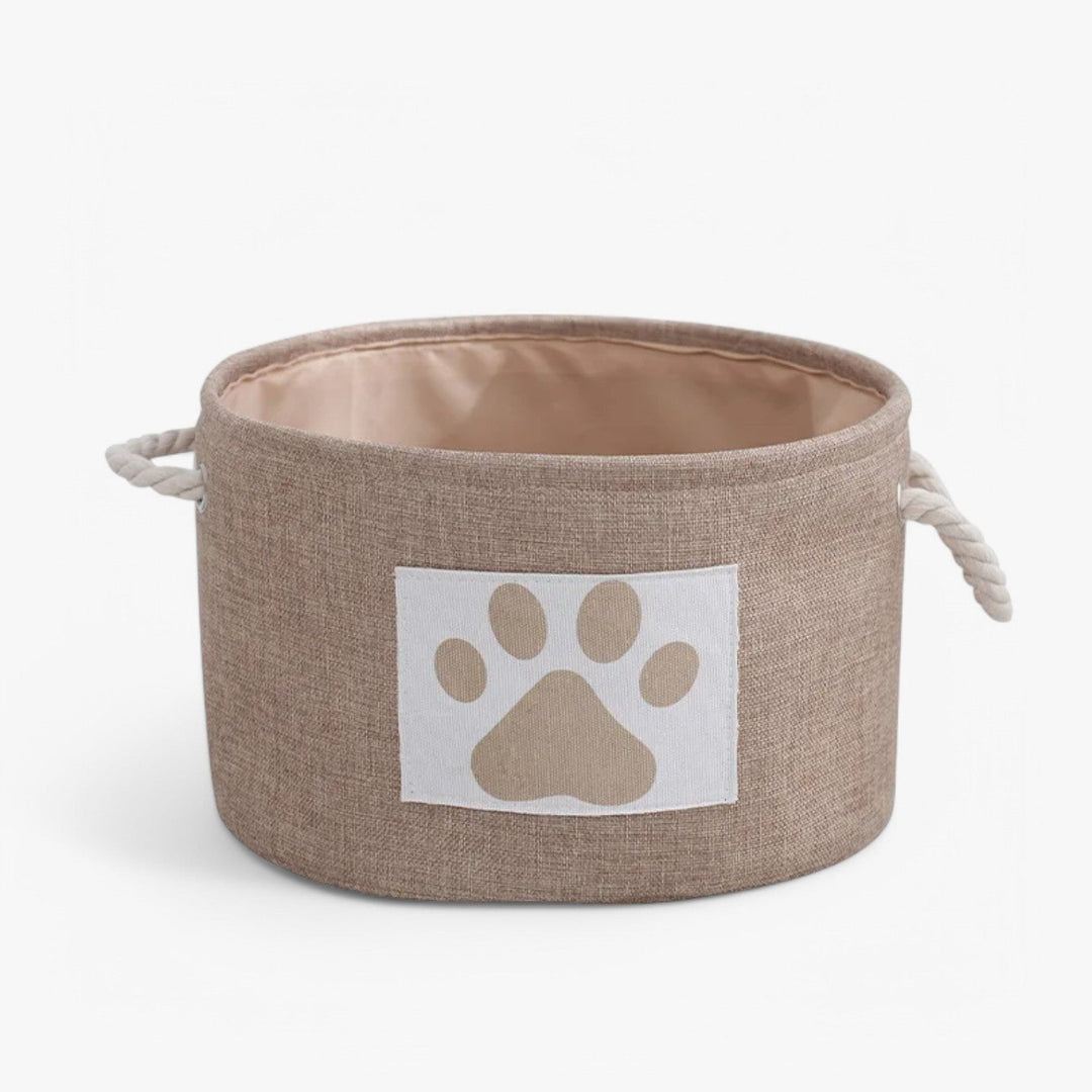 Opgevouwen speelgoedmand Livia voor honden. Compact, opvouwbaar design met touw handgreep, ideaal voor ruimtebesparing.