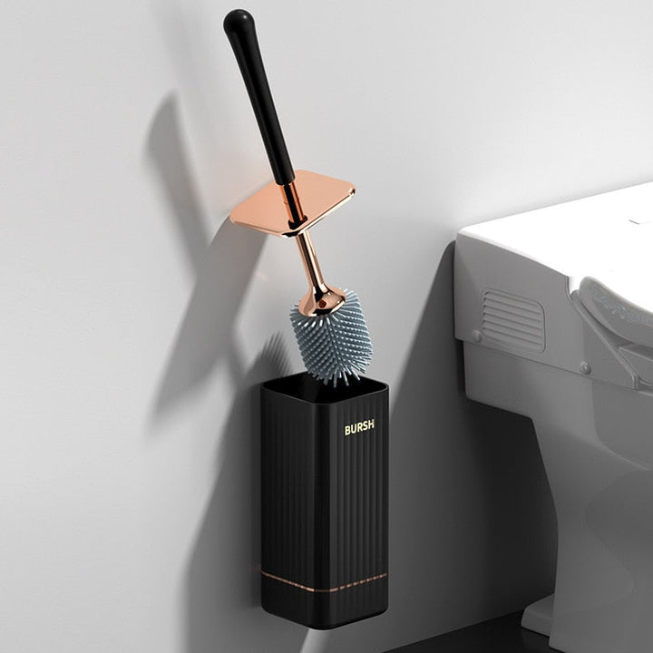 Hygiënische siliconen toiletborstel met wandophangsysteem, voor grondig schoonmaken. Modern badkamer design.