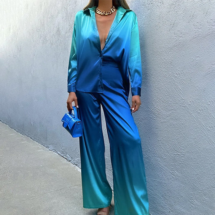 Dames ombre tweedelige set voor lente/zomer, comfortabele blouse en broek voor vrije tijd.