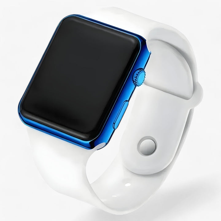 Duidelijk digitaal display van het moderne unisex horloge Leo met vierkante kast en tijdsaanduiding. Praktisch en stijlvol.