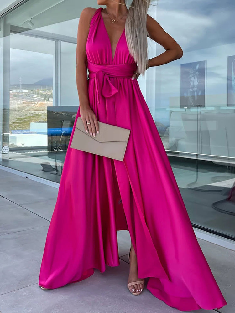 Verstelbare dames maxi partyjurk Pip met v-hals en split, ideale avondkleding voor bruiloften.