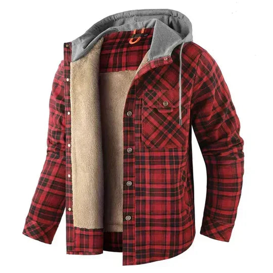 Stijlvolle heren geruite overhemdjas met capuchon, comfortabel en veelzijdig voor casual buitenactiviteiten.